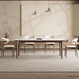 长方形全托实木吃饭查桌子 德利丰岩板餐桌家用黑胡桃色高端新中式