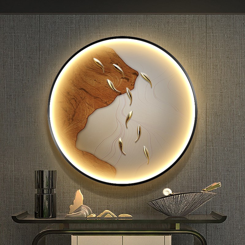 九鱼图入户玄关装饰画3d立体实物圆形led氛围灯画走廊寓意好挂画
