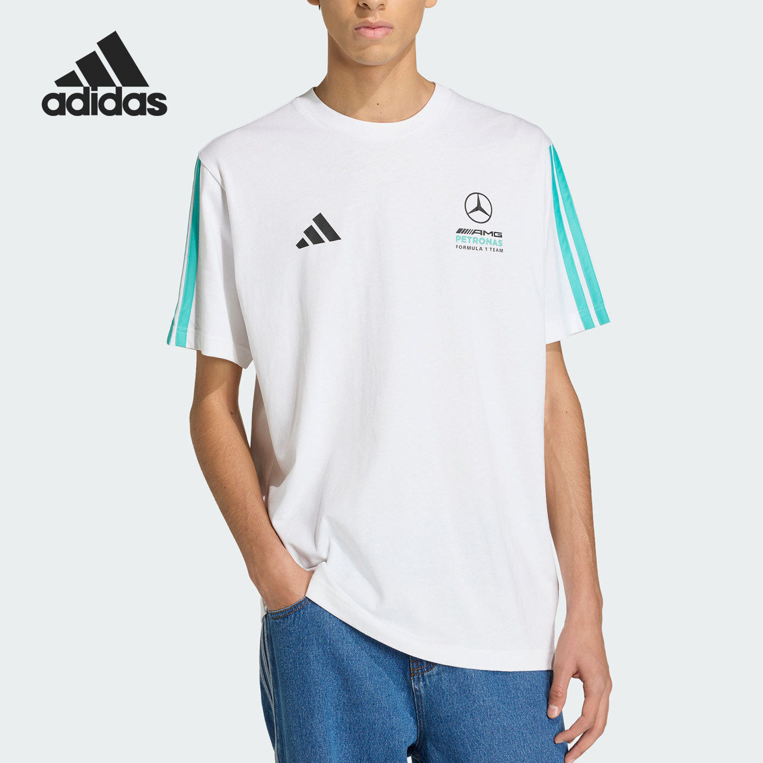 Adidas/阿迪达斯官方正品新款男白绿色出行亲柔自在短袖T恤KE8162