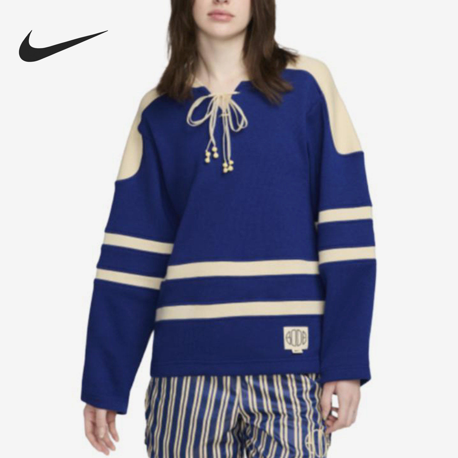 Nike/耐克官方正品男女同款系带舒适宽松V领长袖T恤FJ0218-455