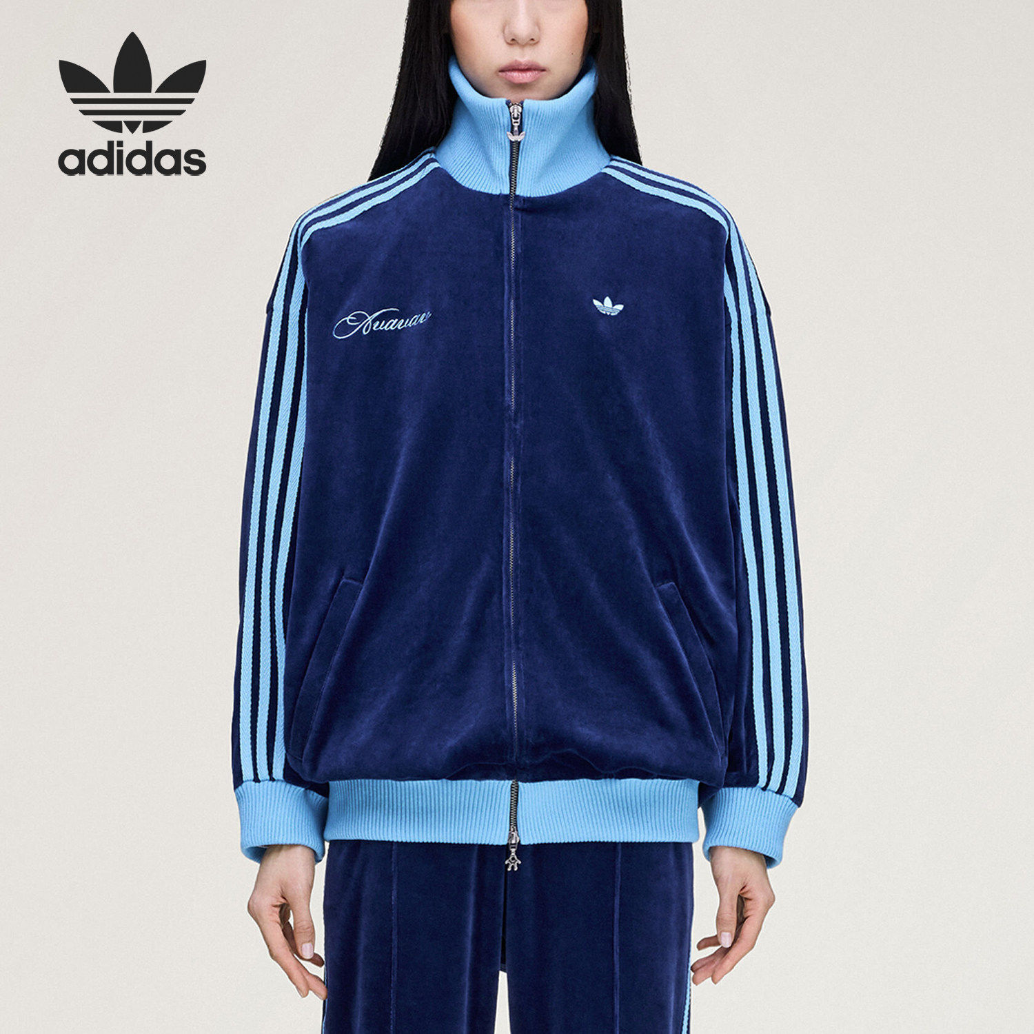 Adidas/阿迪达斯官方正品三叶草新款女深蓝浅蓝色夹克外套KD1492