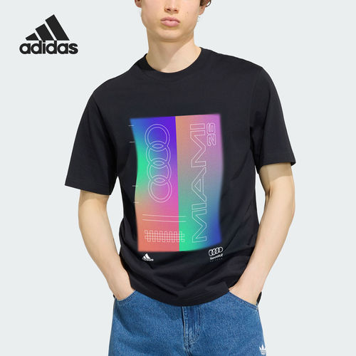 Adidas/阿迪达斯官方正品新款男黑色赛车亲肤印花短袖T恤KF1533