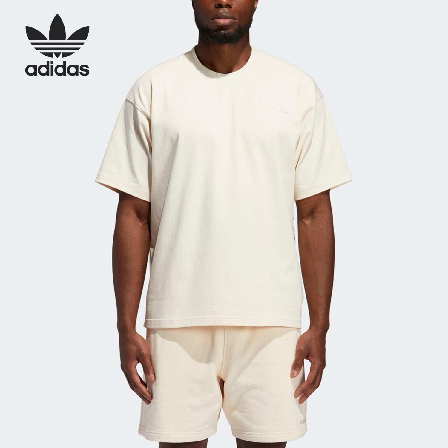 Adidas/阿迪达斯官方正品三叶草新款情侣款米白色短袖T恤GH4390