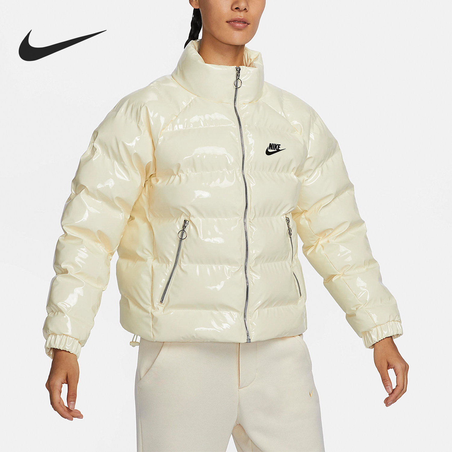 Nike/耐克官方正品冬季女士简约保暖宽松亮面漆皮棉服FQ3575-113