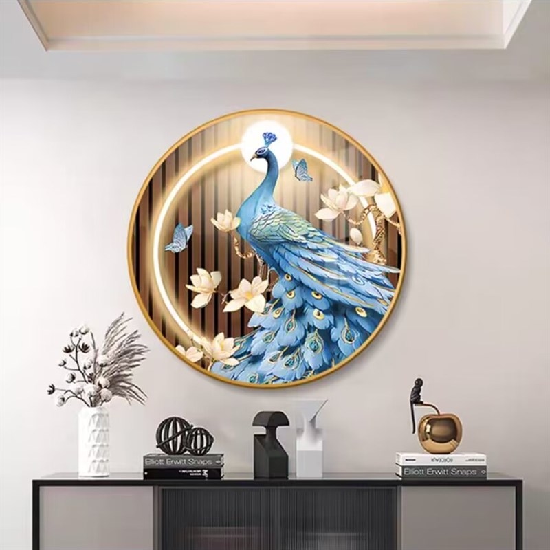 孔雀入户玄关柜装饰画现代简约圆形背景墙画客厅餐厅走廊过道挂画图片