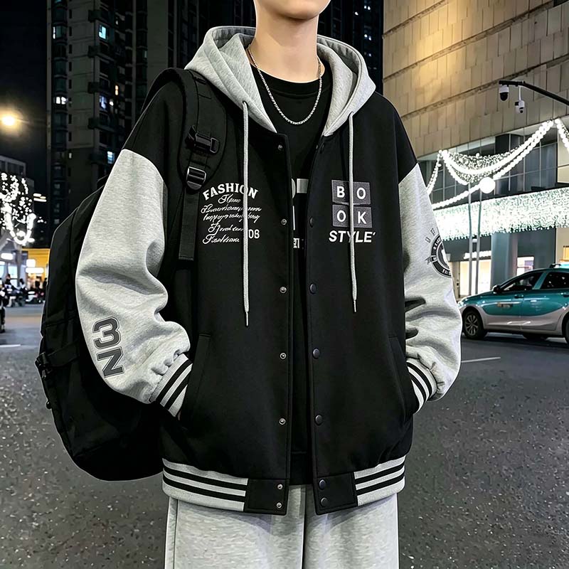 港风连帽棒球服夹克男春秋季青少年复古宽松休闲初高中生上衣外套