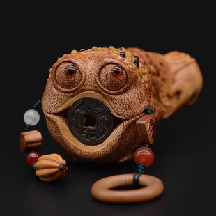 竹根雕欢老师孤品金蟾手把件铜钱蟾蜍文玩手捻收藏把玩件