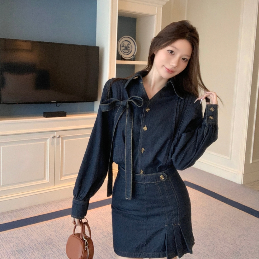 实拍实价 秋冬穿搭套装新款牛仔两件套韩风chic气质一整套秋季