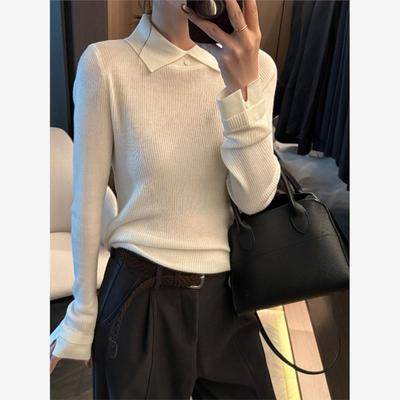 秋冬高级感白色polo翻领羊毛针织衫女气质修身毛衣内搭打底衫上衣