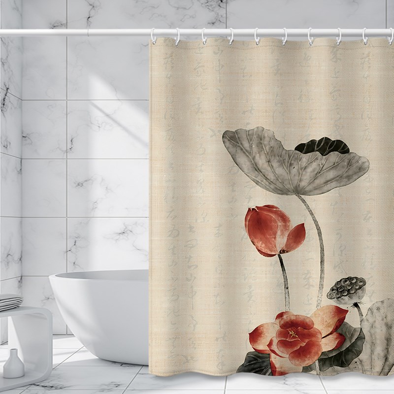 中国风书法水墨加厚涤纶防水防霉浴帘免打孔中式浴室窗帘更衣帘