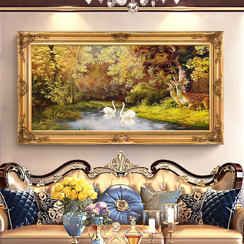 欧式手绘油画定制客厅餐厅玄关挂画酒店装饰画天鹅湖鹿装饰画壁画图片