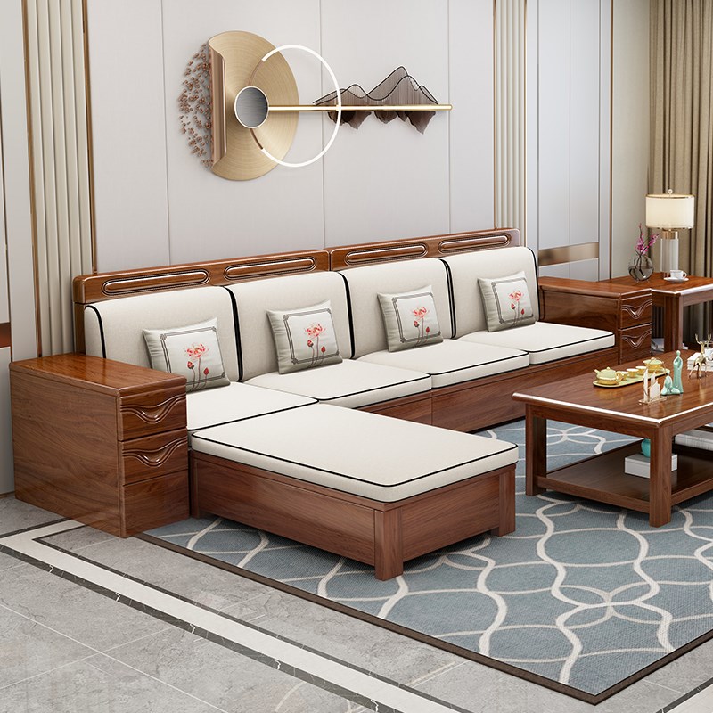 现代中式胡桃木实木沙发组合客厅冬夏两用贵妃小户型转角储物家具