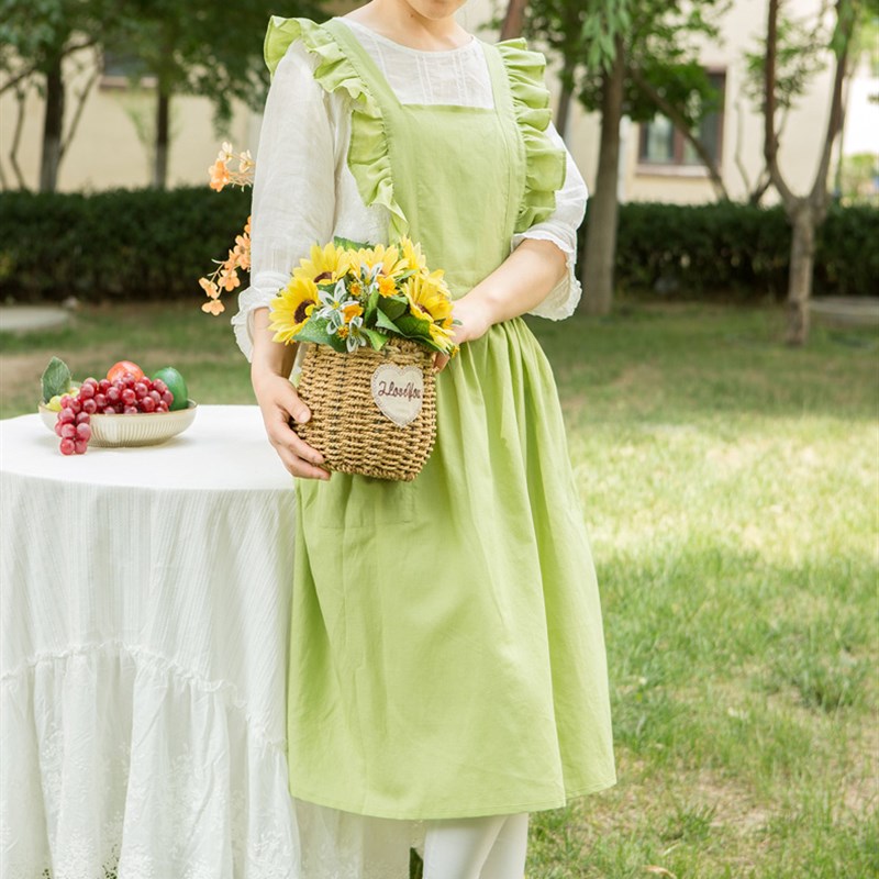复古纯色苎麻花边公主围裙鲜花美甲烘焙清爽透气夏季薄款防污清洁