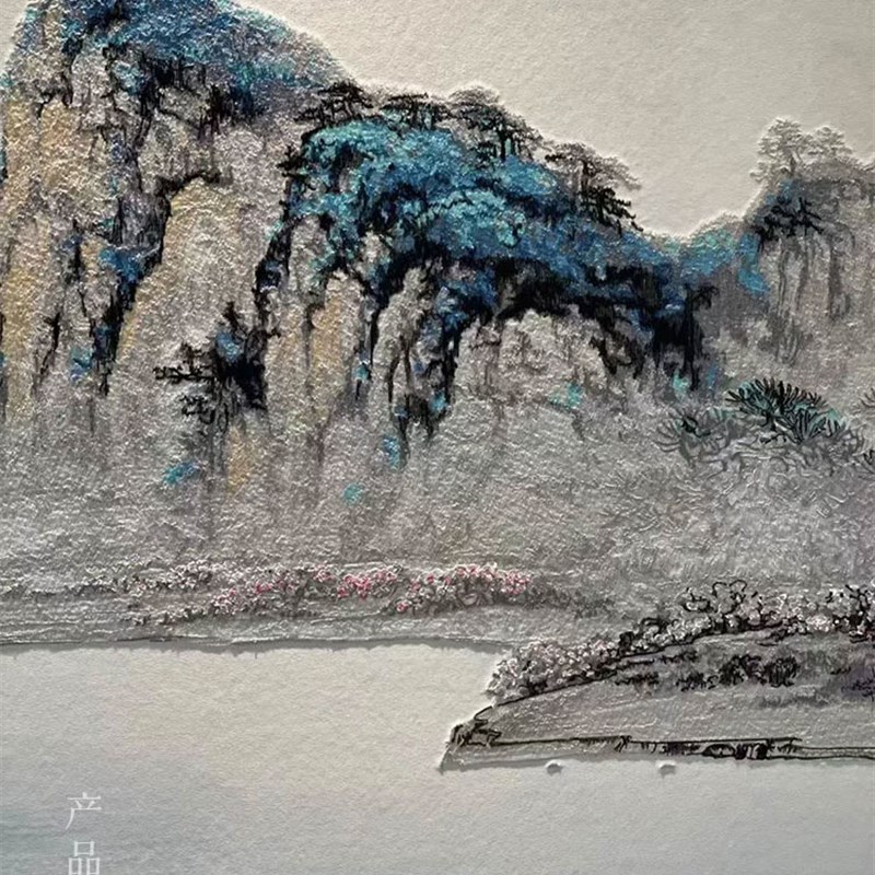 喷绘加刺绣蓝色大气山水画壁布海纳百川红日独幅全绣壁画硬包背景