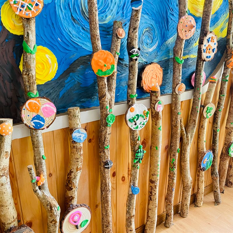 天然带皮实木干树枝枯树干枝隔断屏风装饰幼儿园画室背景墙造型