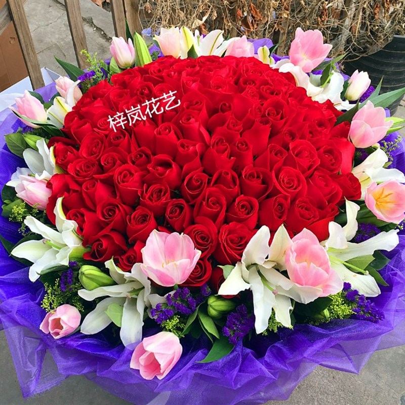 教师节99朵朵黑纱天津鲜花实体店同城速递红香槟玫瑰求婚花表白