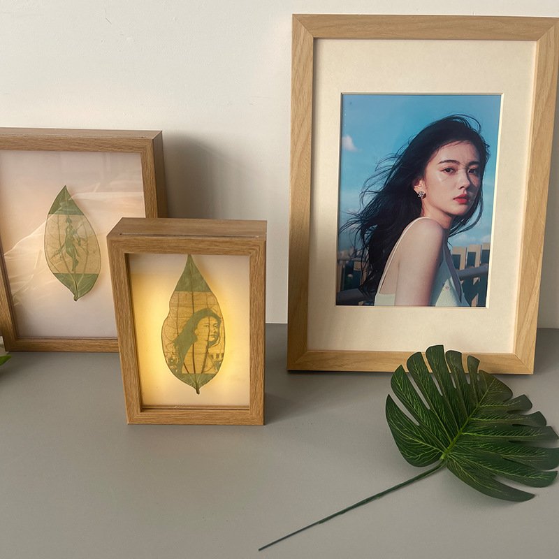 树叶雕刻立体相框带灯源创意树叶画展示相框摆件装饰作品画框摆台图片