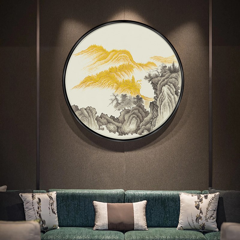 新中式玄关装饰画圆形挂画走廊过道墙上客厅千里江山卧室仿真丝画图片
