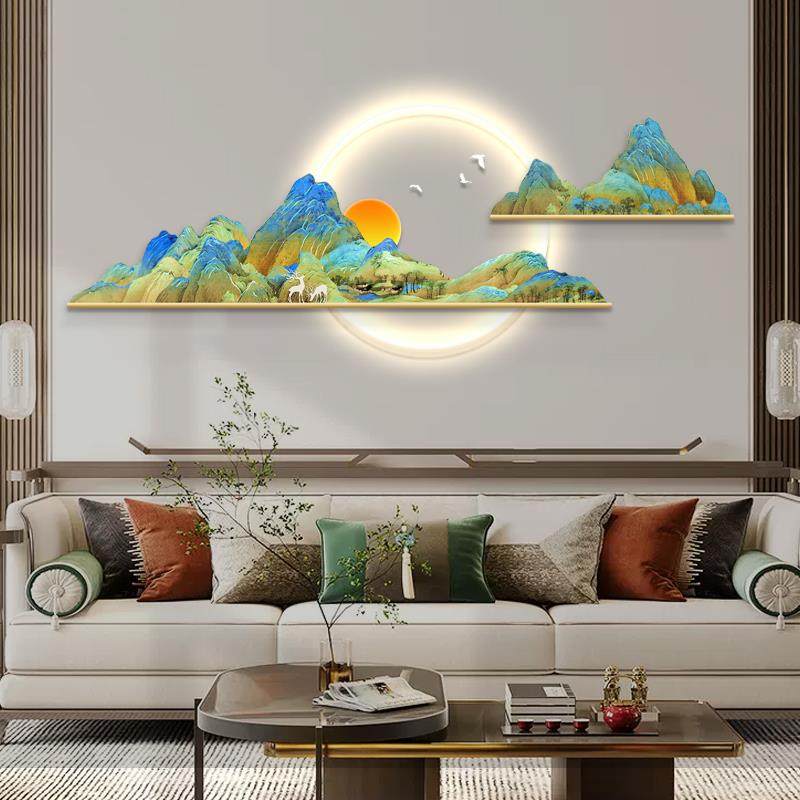 千里江山图客厅挂画背有靠山沙发背景墙装饰画新中式山水led壁画,家居饰品,现代装饰画,淘宝优惠券,粉丝福利购,淘宝优惠卷