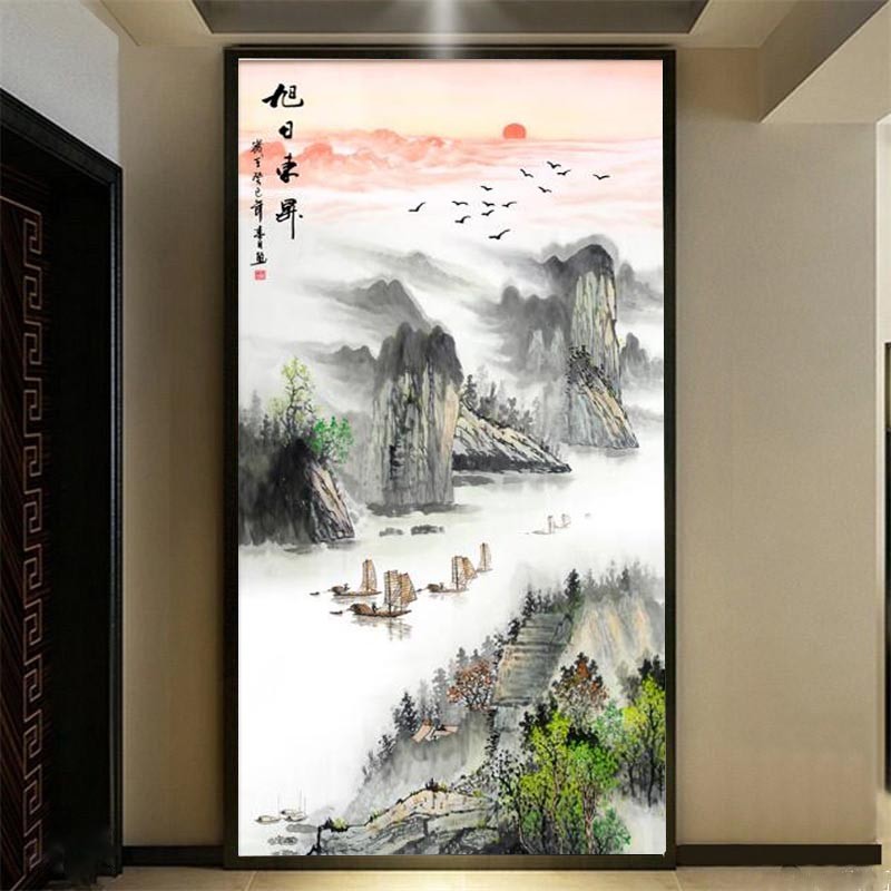 中式8D立体水墨玄关壁画意境山水走廊过道背景墙壁纸江南水乡壁布