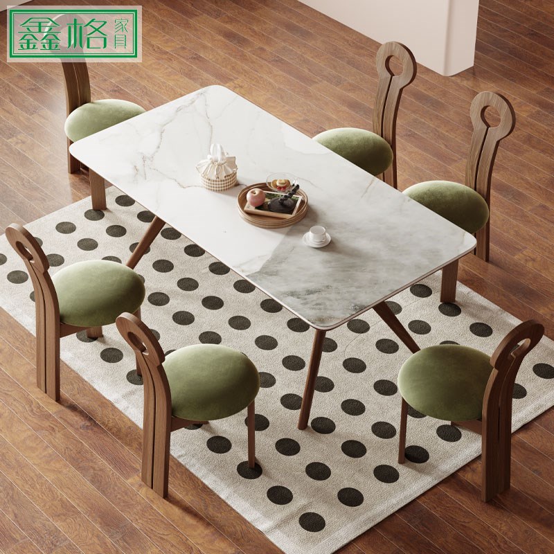 复古实木餐桌长方形现代家用中侘寂风创意哑光纯白色岩板餐桌