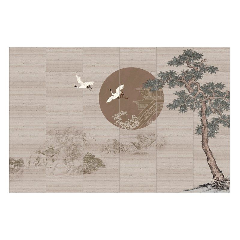 现代意境古典圆月仙鹤沙发背景墙纸壁布卧室书房环保定制壁画,家装主材,无纺布墙纸,淘宝优惠券,粉丝福利购,淘宝优惠卷