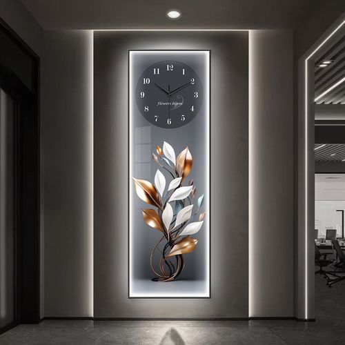 金枝玉叶玄关装饰画钟表家大业大客厅走廊过道挂画LED灯发光壁画