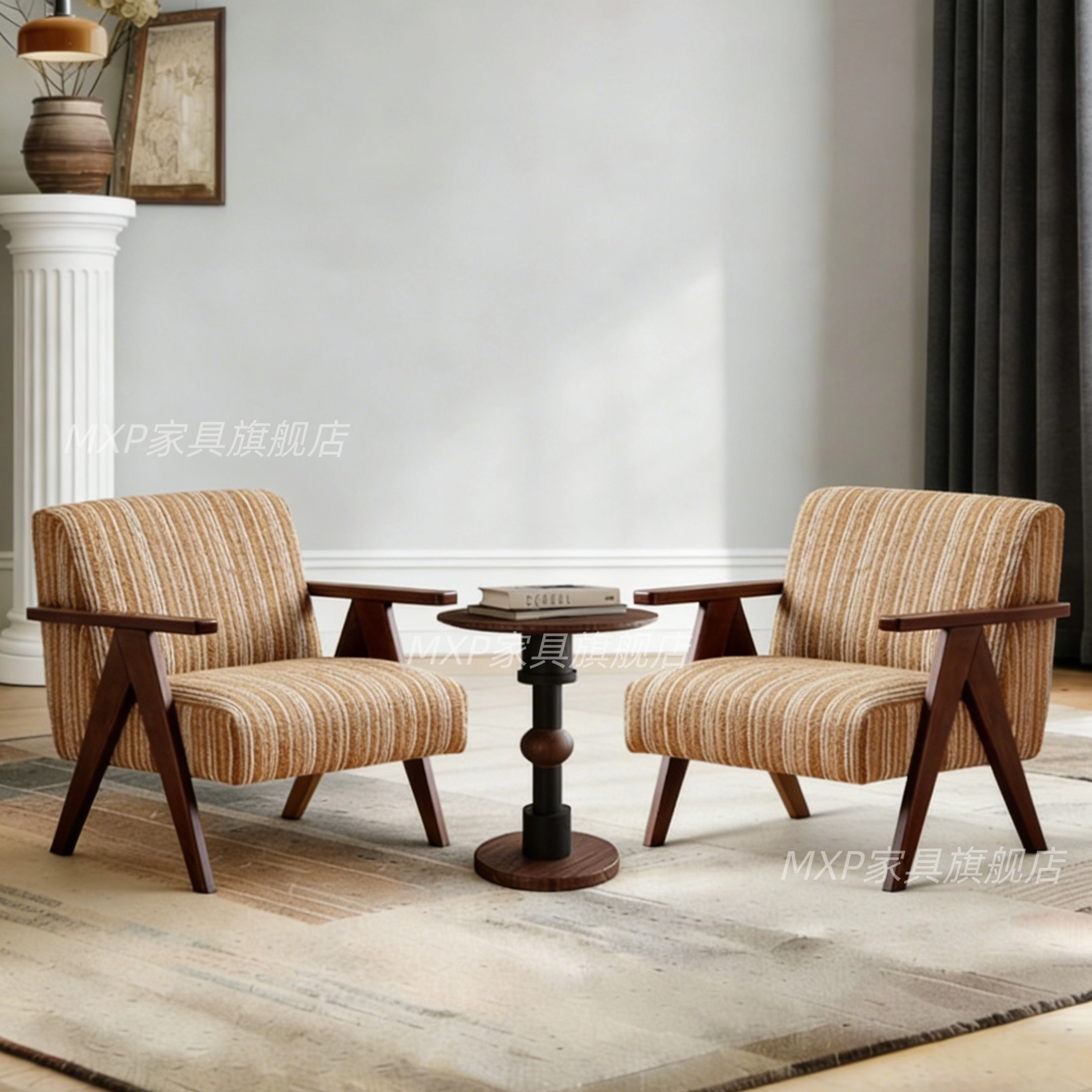 中古风设计师客厅阳台卧室休闲民宿实木沙发昌迪加尔扶手沙发椅,住宅家具,沙发椅,淘宝优惠券,粉丝福利购,淘宝优惠卷