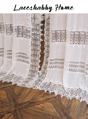 leh新款法式复古风格白色棉麻钩蕾丝窗帘成品遮光窗帘布