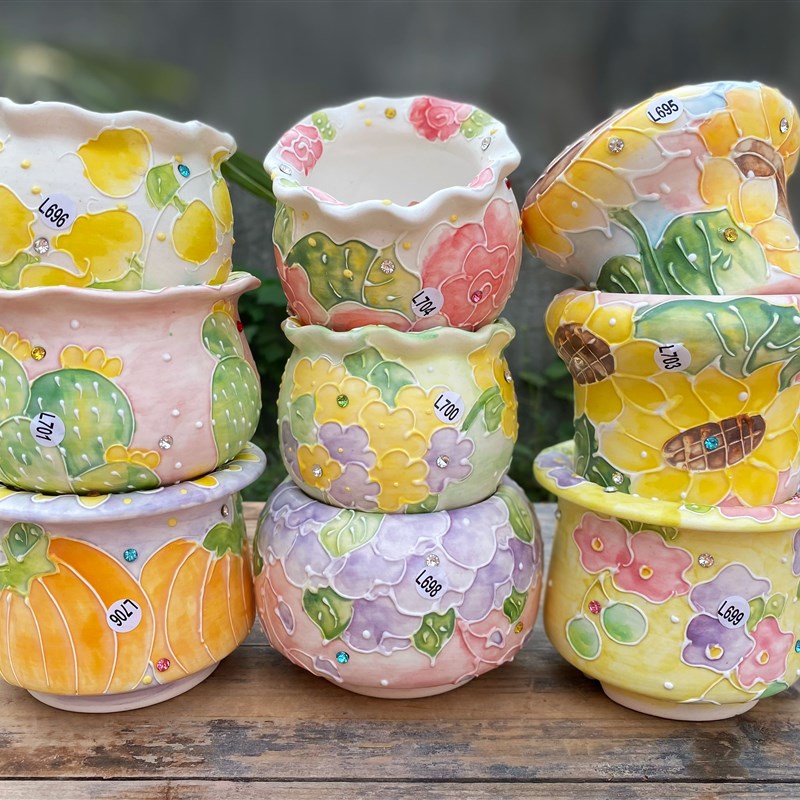 韩式手绘清新花卉白泥濑户烧吸水透气蜡质多肉控型花盆花边口6/8