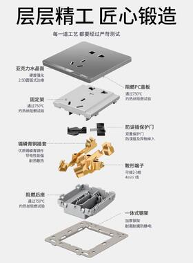 20只装灰色86型一开二三插五孔家用墙壁开关插座面板暗装