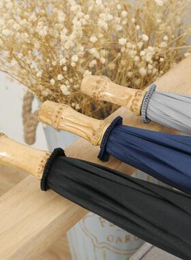 真竹节雨伞女长柄大号自动英伦绅士复古男森系双人简约纯黑蓝灰色