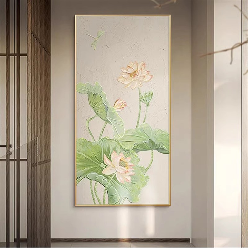 纯油画荷花玄关装饰画手绘油画走廊尽头挂画新中式壁画肌理感图片