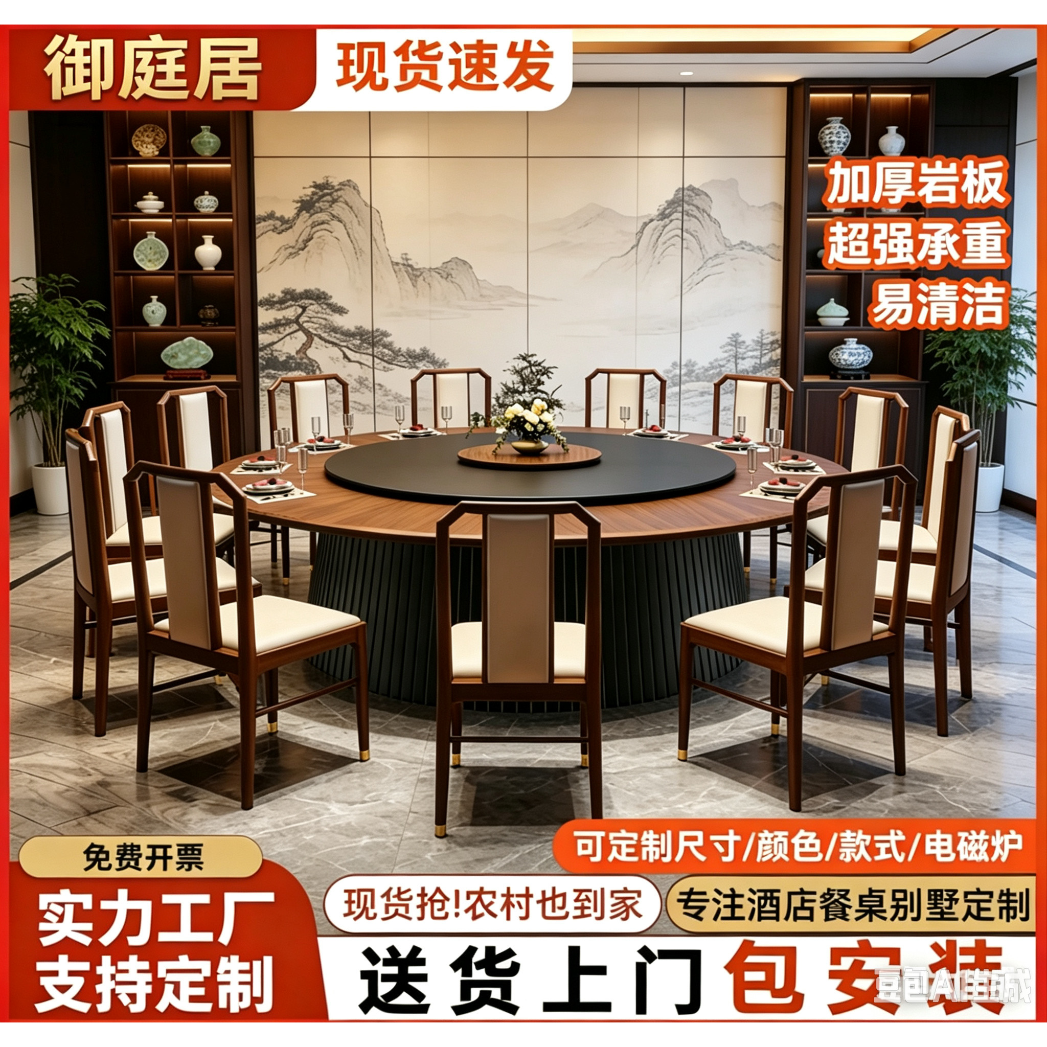 新中式酒店电动餐桌岩板餐桌饭店包厢会所宴会电动转盘电磁炉火锅
