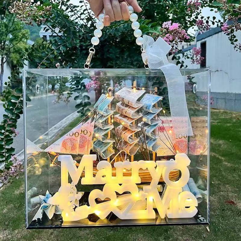 钱花丙烯酸挎包插花盒花卉花束花卉包装盒DIY材料透明无障碍豪华