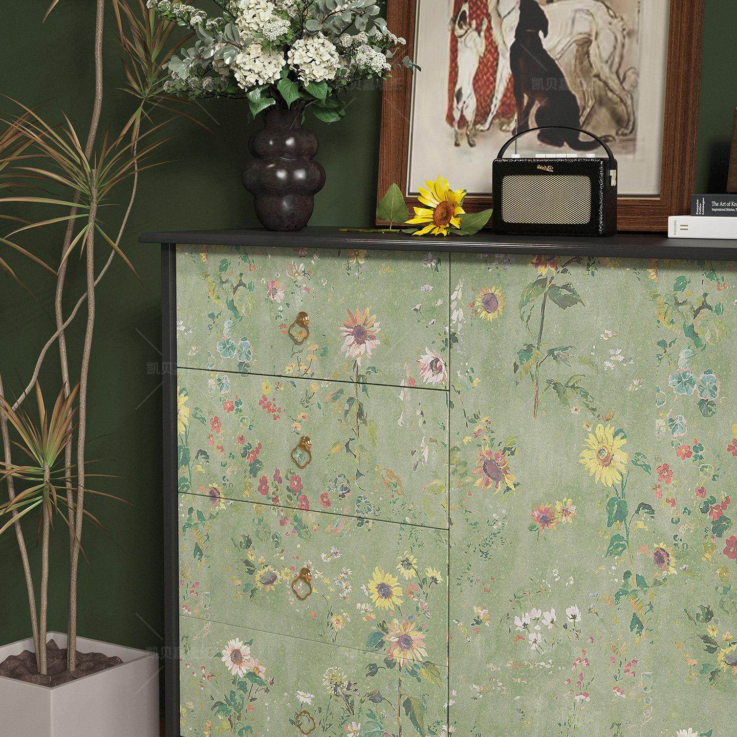 覆古向日葵翻新家俱贴纸客厅柜子改造自粘壁纸美式柜门遮丑贴画,家居饰品,软装墙贴,淘宝优惠券,粉丝福利购,淘宝优惠卷