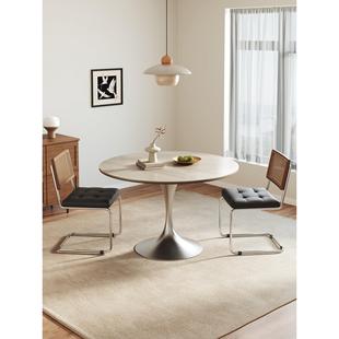 洞石岩板圆桌家用圆餐桌小户型中古风圆形饭桌郁金香洽谈桌椅组合