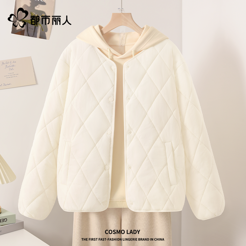 都市丽人白色棉服女轻薄夹棉外套