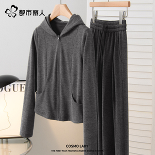 秋季 超火卫衣糯米裤 流行穿搭X 女2025新款 都市丽人深灰色运动套装