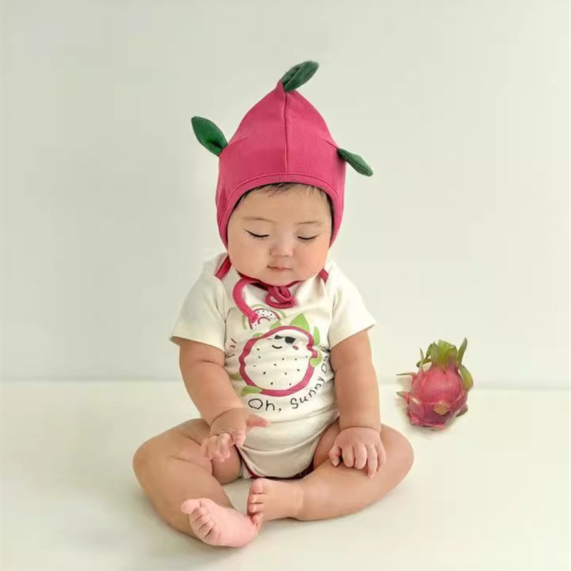 新生儿宝宝外出三角哈衣夏u季薄款可爱火龙果水果包屁衣婴儿百天