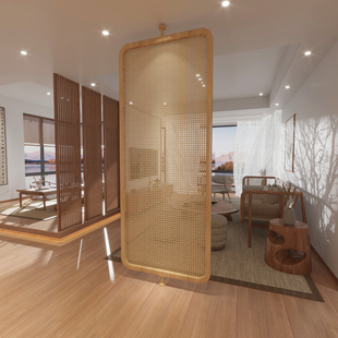 实木藤编屏风客厅大堂酒店民宿旋转隔断日式 中式 现代简约定制玄关