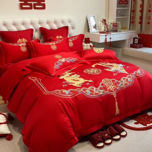 简约中式婚庆四件套大红色龙凤刺绣喜被婚房床单被套结婚床上用品