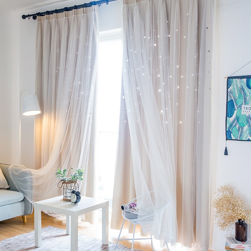 公主风窗帘双层带纱免打孔安装伸缩杆整套女孩房间窗纱一体儿童房