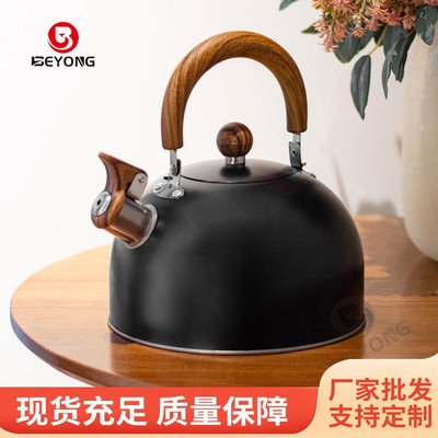 简约黑色欧式鸣笛烧水壶 亚马逊鸣音壶Ring Kettle木纹手柄响水壶