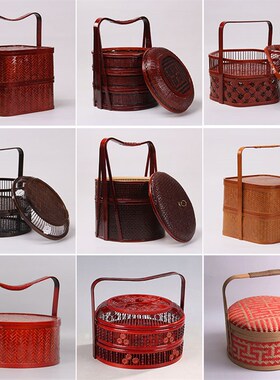 竹编仿古提篮 篮 送饭篮 水果篮 竹制食盒 红色婚庆礼品篮