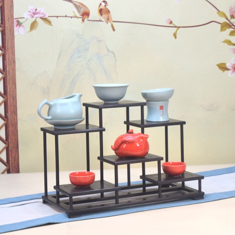 紫光檀六平台博古架茶杯架茶壶架展示架实木桌面工艺品底座