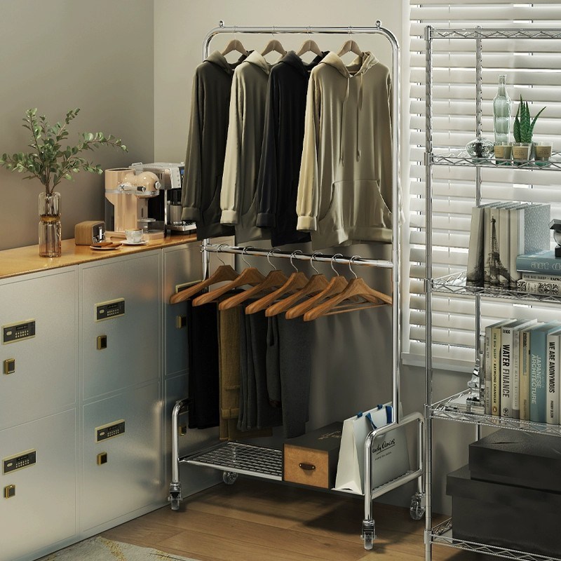 卧室秋冬衣帽架上下双层晾衣架落地杆移动挂衣架字家用隔夜衣裤架
