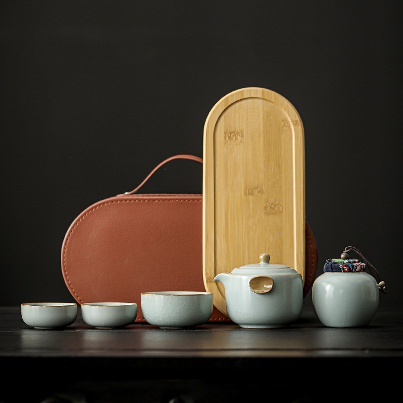 汝窑旅行茶具套装快客杯车载便携户外随身米黄开片泡茶壶陶瓷商务