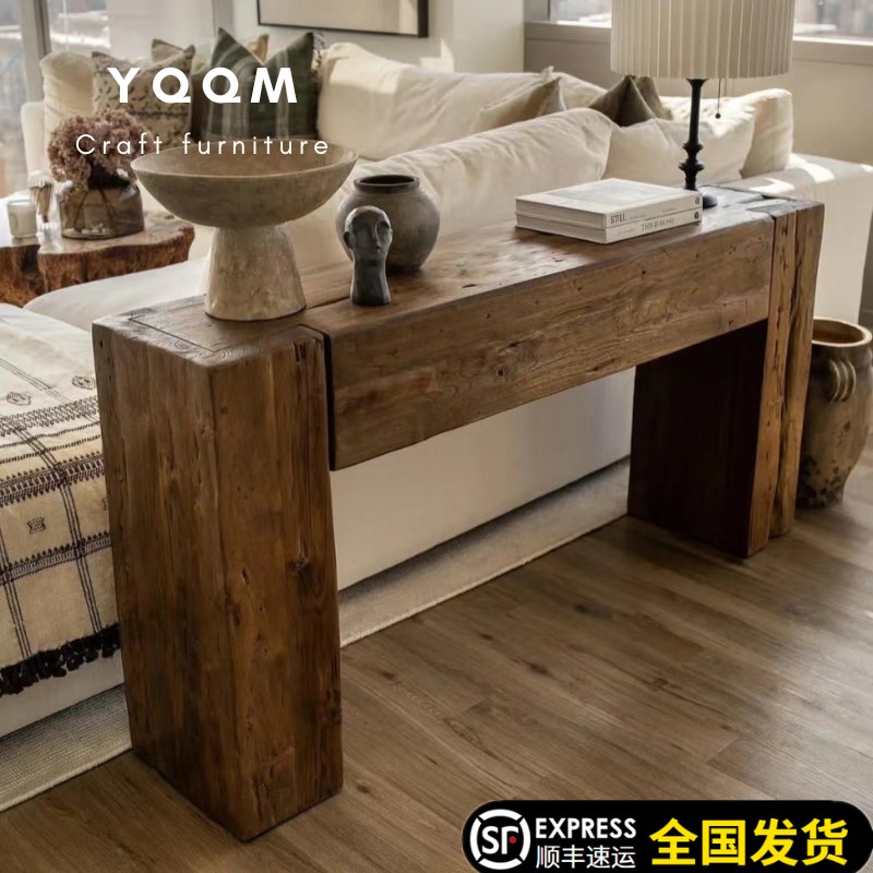 诧寂原木玄关复古入户靠墙装饰壁炉做旧长条酒店民宿置物展示案桌
