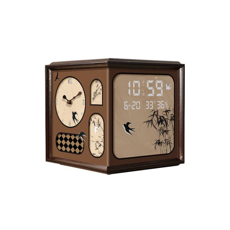 中古风客厅钟表挂钟复古创意转角面钟带日历电子时钟拐角挂墙钟